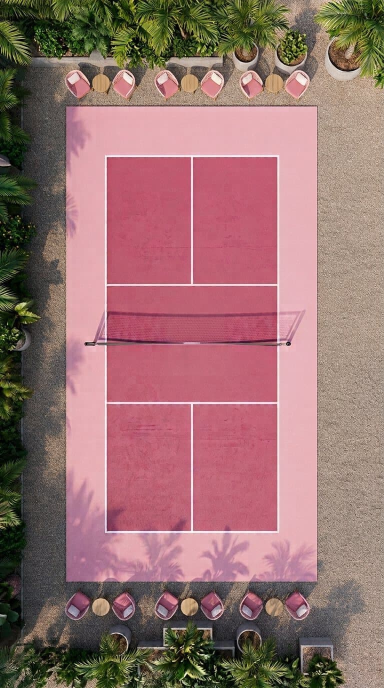 Zaza's Paddle Court from above: a pink pickleball court with lounge chairs along the sides and tropical plants around it